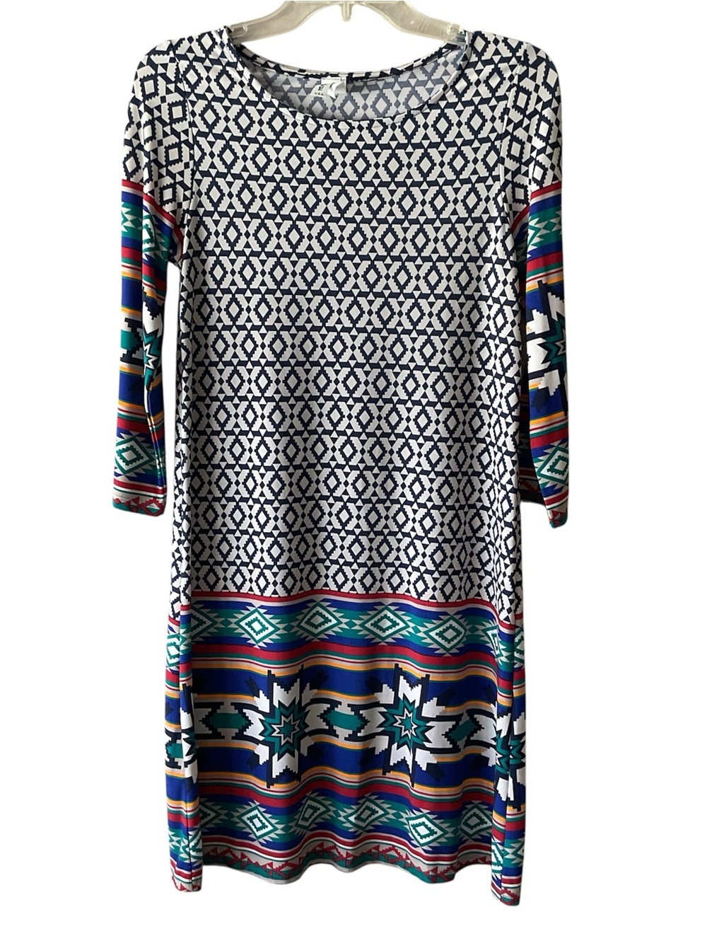 Tribal Border Print Long Sleeve Shift Dress in Navy and Teal